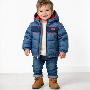 Levis Baby Toddler Puffer Jacket 24M Blue Denim Look Hooded Full Zip Winter Coat